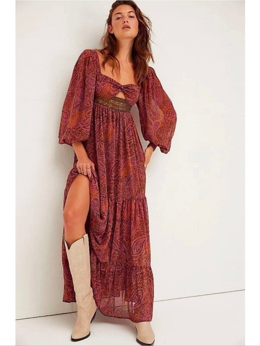 Free People Folklore Paisley Maxi Dress Rust Plum Nwot